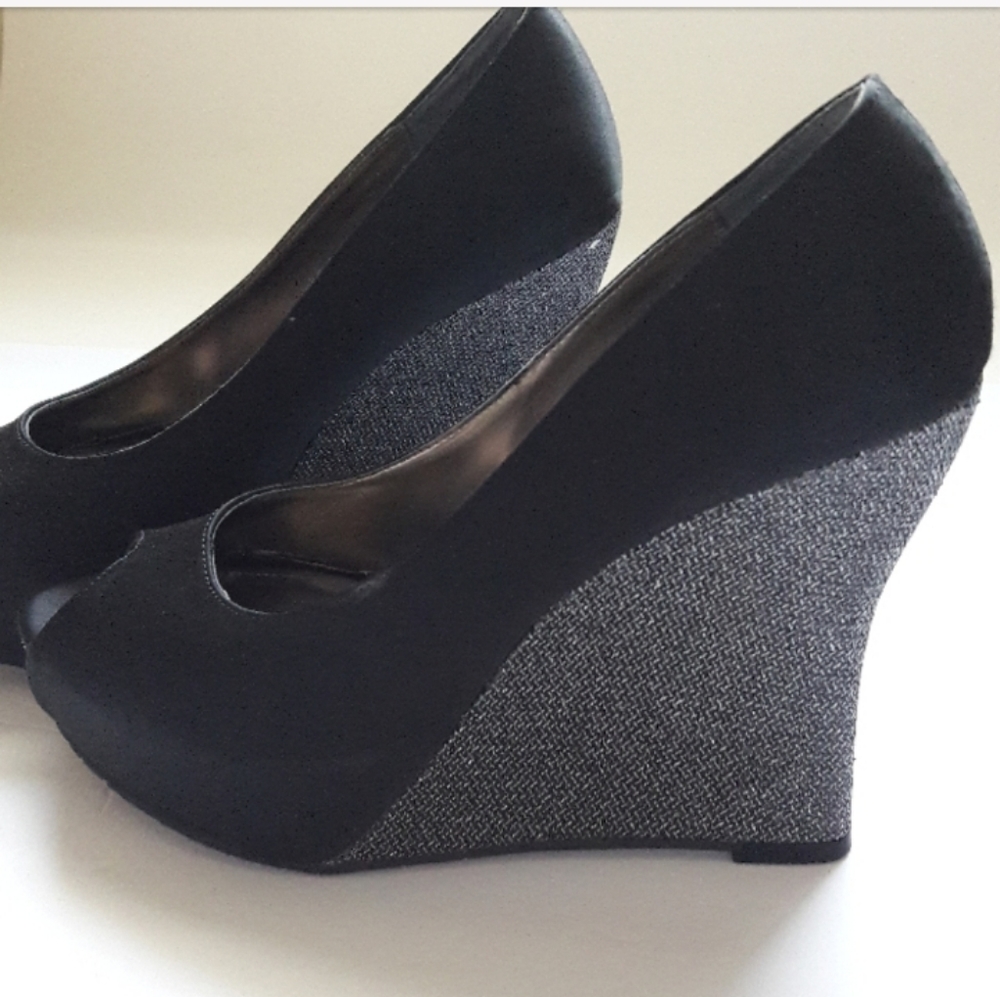 Nina Shoes | Black Satin Wedges